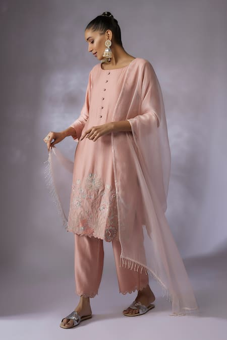Shreeka Pink Silk Organza Sequins, Embroidery Round Blossom Placement Kurta Pant Set 