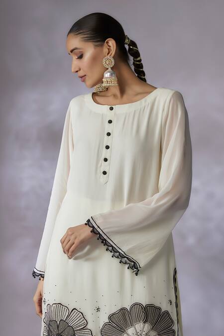 Buy Shreeka Ivory Viscose, Georgette, Crepe Floral Applique Placement Kurta With Palazzo Online at Aza Fashions Buy_Shreeka_Ivory Viscose, Georgette, Crepe Floral Applique Placement Kurta With Palazzo _Online_at_Aza_Fashions