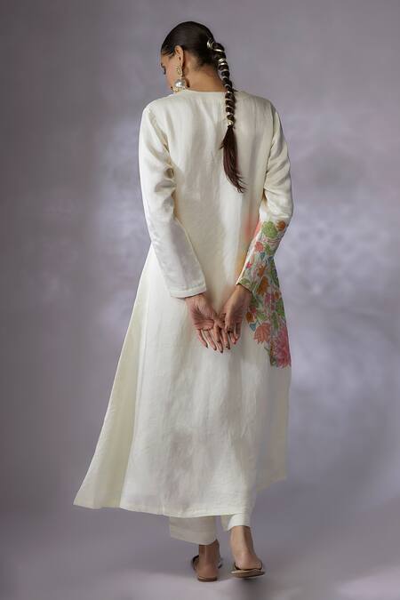 Shop Shreeka Ivory Organza, Linen, Satin Crystals, Floral Side Kurta Pant Set at Aza Fashions Shop_Shreeka_Ivory Organza, Linen, Satin Crystals, Floral Side Kurta Pant Set _at_Aza_Fashions