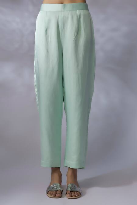 Shreeka Green Silk Organza, Linen Embroidery Split V-neck Lotus Side Kurta Pant Set Online at Aza Fashions Shreeka_Green Silk Organza, Linen Embroidery Split V-neck Lotus Side Kurta Pant Set _Online_at_Aza_Fashions