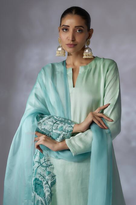 Buy Shreeka Green Silk Organza, Linen Embroidery Split V-neck Lotus Side Kurta Pant Set Online at Aza Fashions Buy_Shreeka_Green Silk Organza, Linen Embroidery Split V-neck Lotus Side Kurta Pant Set _Online_at_Aza_Fashions