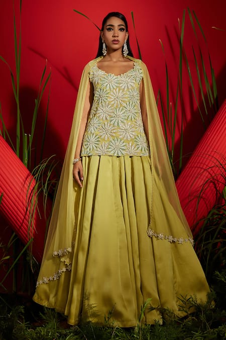 Shreeka Green Georgette Embroidered Floral Round Crystal Kurta Skirt Set