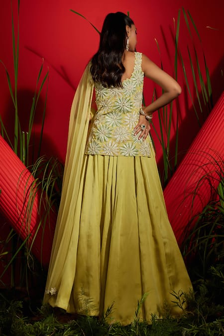 Shop Shreeka Green Georgette, Silk Satin, Organza, Net Crystals, Embroidery Kurta Skirt Set at Aza Fashions Shop_Shreeka_Green Georgette, Silk Satin, Organza, Net Crystals, Embroidery Kurta Skirt Set _at_Aza_Fashions
