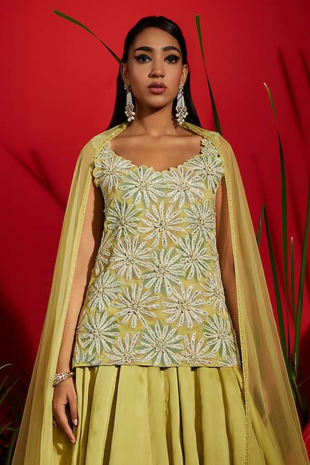 Shreeka Green Georgette, Silk Satin, Organza, Net Crystals, Embroidery Kurta Skirt Set Online at Aza Fashions Shreeka_Green Georgette, Silk Satin, Organza, Net Crystals, Embroidery Kurta Skirt Set _Online_at_Aza_Fashions