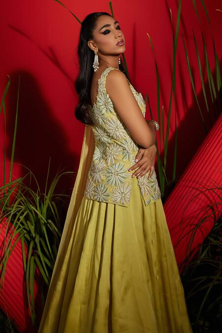 Shop Shreeka Green Georgette, Silk Satin, Organza, Net Crystals, Embroidery Kurta Skirt Set Online at Aza Fashions Shop_Shreeka_Green Georgette, Silk Satin, Organza, Net Crystals, Embroidery Kurta Skirt Set _Online_at_Aza_Fashions