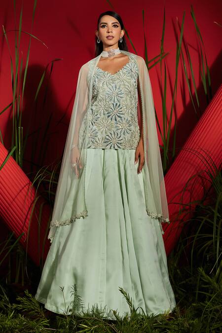 Shreeka Green Georgette, Silk Satin, Organza, Net Crystals, Floral Kurta Skirt Set Online at Aza Fashions Shreeka_Green Georgette, Silk Satin, Organza, Net Crystals, Floral Kurta Skirt Set _Online_at_Aza_Fashions