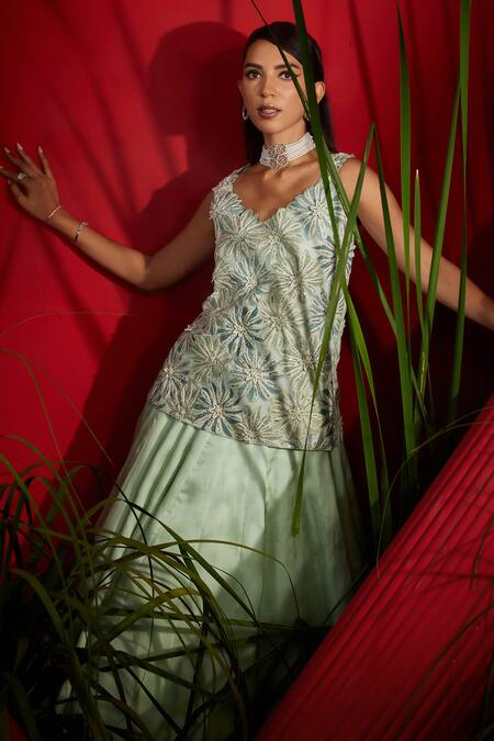 Shreeka Green Georgette, Silk Satin, Organza, Net Crystals, Floral Kurta Skirt Set at Aza Fashions Shreeka_Green Georgette, Silk Satin, Organza, Net Crystals, Floral Kurta Skirt Set _at_Aza_Fashions