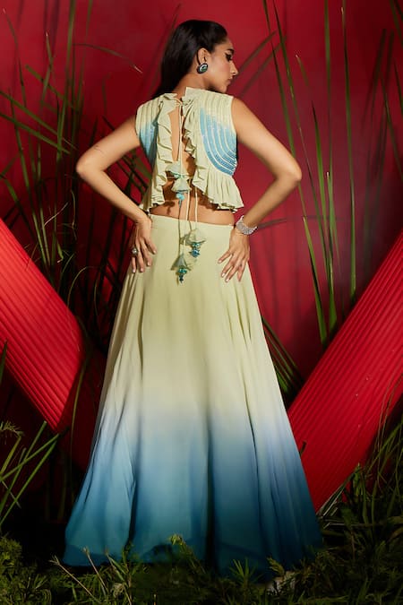 Shop Shreeka Blue Georgette, Linen Sequins, Embroidery V-neck Floral Crop Top With Skirt at Aza Fashions Shop_Shreeka_Blue Georgette, Linen Sequins, Embroidery V-neck Floral Crop Top With Skirt _at_Aza_Fashions