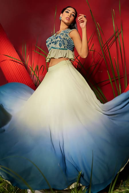 Shreeka Blue Georgette, Linen Sequins, Embroidery V-neck Floral Crop Top With Skirt Online at Aza Fashions Shreeka_Blue Georgette, Linen Sequins, Embroidery V-neck Floral Crop Top With Skirt _Online_at_Aza_Fashions