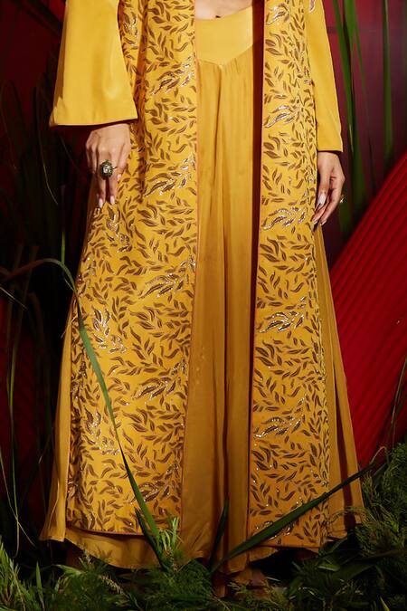 Shreeka Yellow Silk, Crepe Sequins, Embroidery Floral Embellished Jacket Palazzo Set Online at Aza Fashions Shreeka_Yellow Silk, Crepe Sequins, Embroidery Floral Embellished Jacket Palazzo Set _Online_at_Aza_Fashions