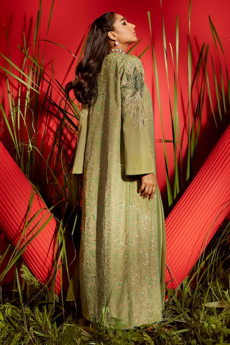 Shop Shreeka Green Silk, Bamboo, Viscose Embroidery, Floral Embellished Jacket Palazzo Set at Aza Fashions Shop_Shreeka_Green Silk, Bamboo, Viscose Embroidery, Floral Embellished Jacket Palazzo Set _at_Aza_Fashions