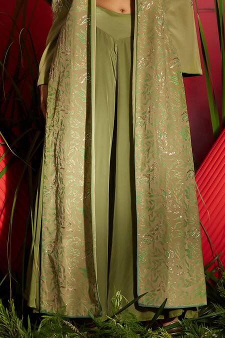 Shreeka Green Silk, Bamboo, Viscose Embroidery, Floral Embellished Jacket Palazzo Set Online at Aza Fashions Shreeka_Green Silk, Bamboo, Viscose Embroidery, Floral Embellished Jacket Palazzo Set _Online_at_Aza_Fashions