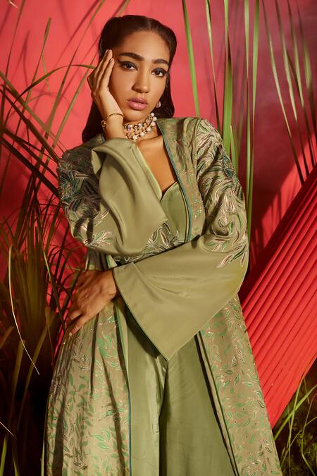 Buy Shreeka Green Silk, Bamboo, Viscose Embroidery, Floral Embellished Jacket Palazzo Set Online at Aza Fashions Buy_Shreeka_Green Silk, Bamboo, Viscose Embroidery, Floral Embellished Jacket Palazzo Set _Online_at_Aza_Fashions