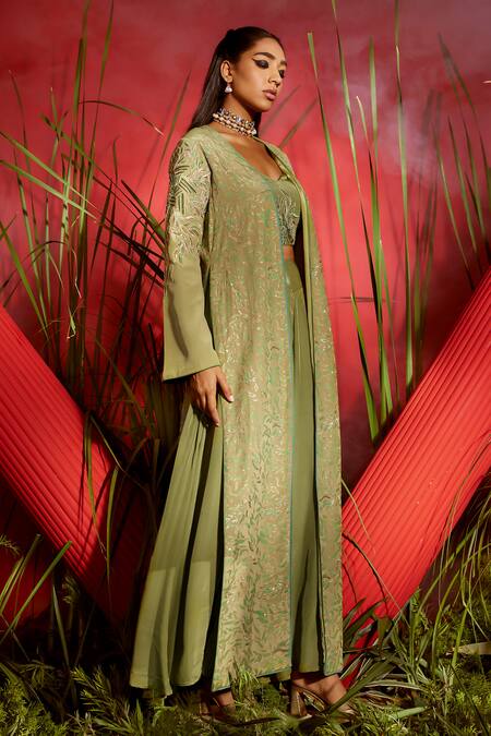 Shop Shreeka Green Silk, Bamboo, Viscose Embroidery, Floral Embellished Jacket Palazzo Set Online at Aza Fashions Shop_Shreeka_Green Silk, Bamboo, Viscose Embroidery, Floral Embellished Jacket Palazzo Set _Online_at_Aza_Fashions