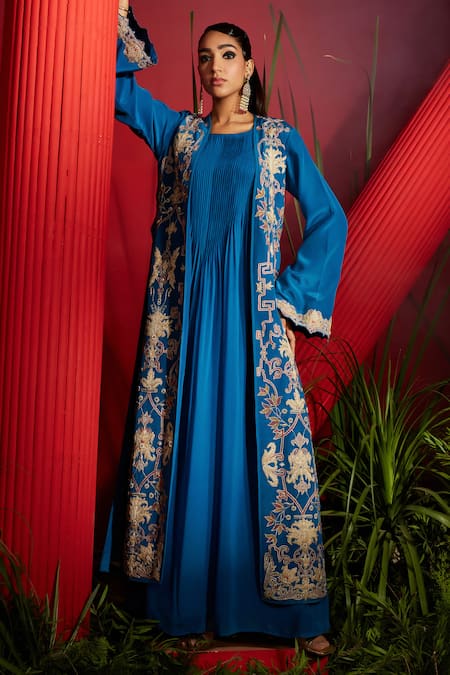 Shreeka Blue Georgette, Crepe, Silk Sequins, Embroidery Geometric Jacket With Anarkali 