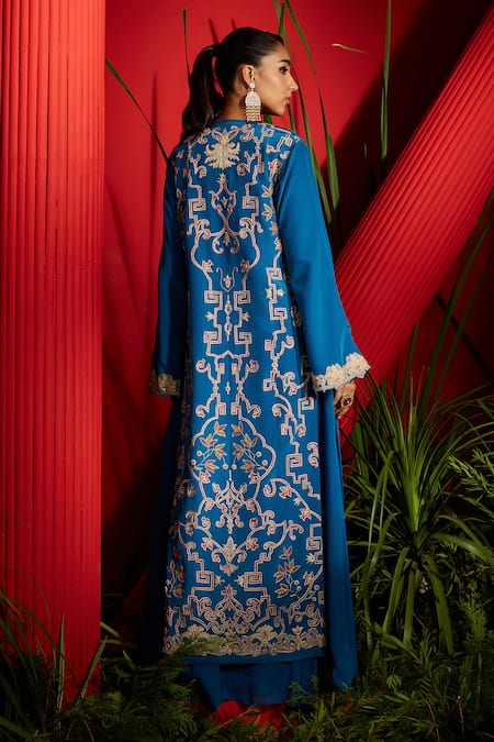 Shop Shreeka Blue Georgette, Crepe, Silk Sequins, Embroidery Geometric Jacket With Anarkali at Aza Fashions Shop_Shreeka_Blue Georgette, Crepe, Silk Sequins, Embroidery Geometric Jacket With Anarkali _at_Aza_Fashions