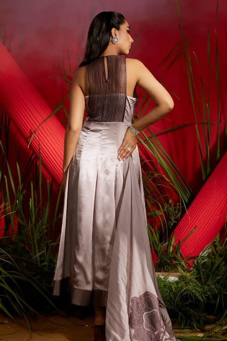 Shop Shreeka Grey Viscose, Organza, Crepe Crystals Halter Pintucked Anarkali Churidar Set at Aza Fashions Shop_Shreeka_Grey Viscose, Organza, Crepe Crystals Halter Pintucked Anarkali Churidar Set _at_Aza_Fashions