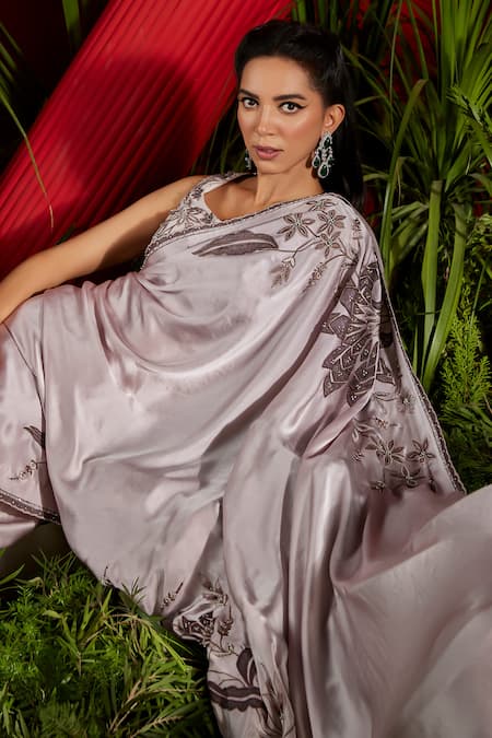 Shreeka Purple Silk Satin, Bamboo, Viscose Cut Work, Placement Saree With Blouse at Aza Fashions Shreeka_Purple Silk Satin, Bamboo, Viscose Cut Work, Placement Saree With Blouse _at_Aza_Fashions