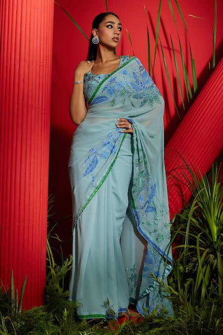 Shreeka_Blue Silk Satin, Bamboo, Linen Embroidery, Cut Work, Beads, Saree With Blouse _Online_at_Aza_Fashions