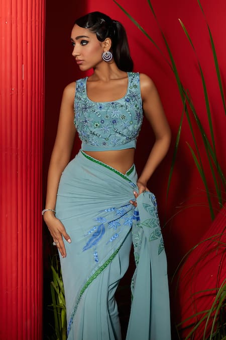 Shreeka_Blue Silk Satin, Bamboo, Linen Embroidery, Cut Work, Beads, Saree With Blouse _at_Aza_Fashions