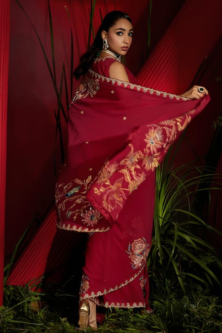 Shreeka_Red Silk, Georgette, Satin, Floral And Bird Motif Embroidered Saree With Blouse _Online_at_Aza_Fashions