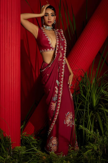 Buy_Shreeka_Red Silk, Georgette, Satin, Floral And Bird Motif Embroidered Saree With Blouse _Online_at_Aza_Fashions