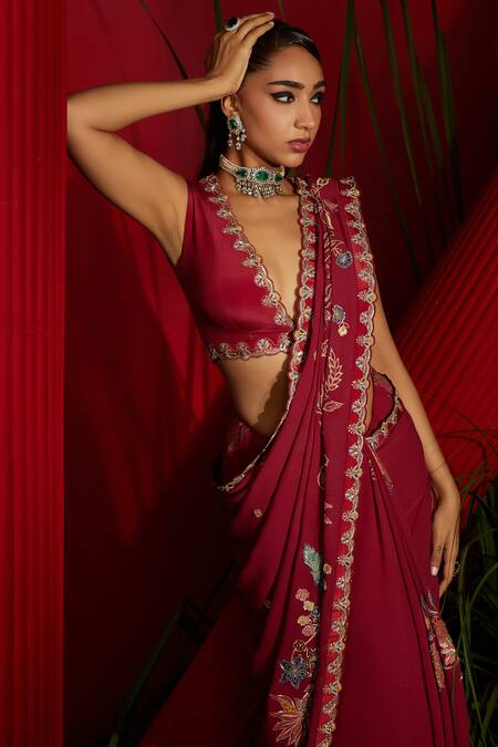 Shop_Shreeka_Red Silk, Georgette, Satin, Floral And Bird Motif Embroidered Saree With Blouse _Online_at_Aza_Fashions