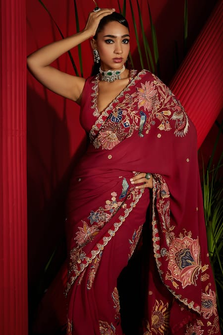 Shreeka_Red Silk, Georgette, Satin, Floral And Bird Motif Embroidered Saree With Blouse _at_Aza_Fashions