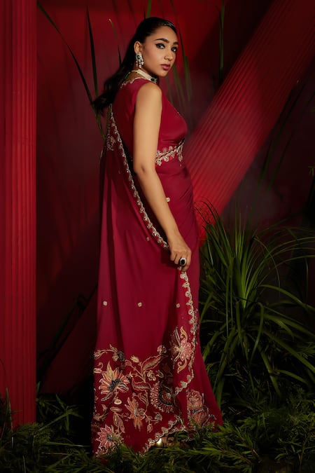 Buy_Shreeka_Red Silk, Georgette, Satin, Floral And Bird Motif Embroidered Saree With Blouse 