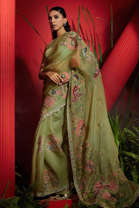 Buy Peach Bloom Silk Organza Saree With Dabka Work Border Clubbed With Raw Silk  Blouse In Resham Work Online for Women by HOUSE OF TUSHAOM - 4080525