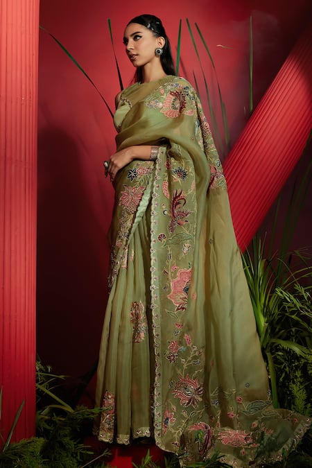 Buy_Shreeka_Green Silk Organza, Tissue, Nylon, Dabka And Zari Embroidered Saree With Blouse _Online_at_Aza_Fashions