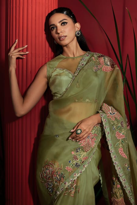 Shop_Shreeka_Green Silk Organza, Tissue, Nylon, Dabka And Zari Embroidered Saree With Blouse _Online_at_Aza_Fashions