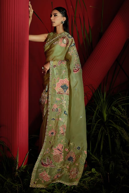 Shreeka_Green Silk Organza, Tissue, Nylon, Dabka And Zari Embroidered Saree With Blouse _at_Aza_Fashions