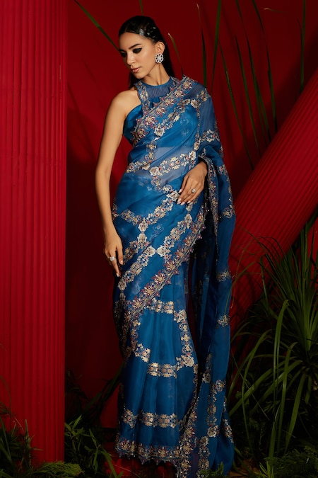 Navy Blue Silk Saree with Contrast Blouse