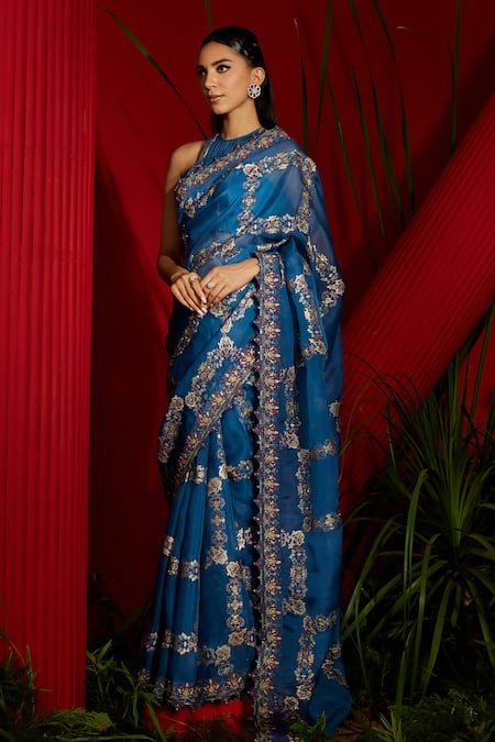 Shreeka_Blue Organza, Viscose, Satin Embroidery Silk Screen Print Saree With Blouse _Online_at_Aza_Fashions
