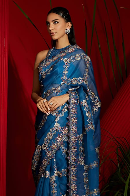 Buy_Shreeka_Blue Organza, Viscose, Satin Embroidery Silk Screen Print Saree With Blouse _Online_at_Aza_Fashions