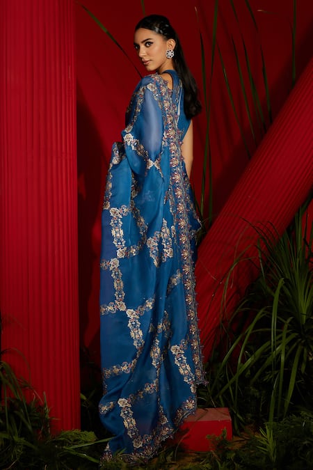 Shop_Shreeka_Blue Organza, Viscose, Satin Embroidery Silk Screen Print Saree With Blouse _Online_at_Aza_Fashions