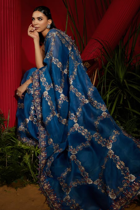 Shreeka_Blue Organza, Viscose, Satin Embroidery Silk Screen Print Saree With Blouse _at_Aza_Fashions