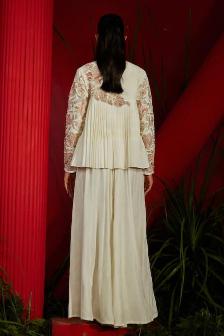 Shop Shreeka Ivory Georgette, Hemp, Bamboo Pearls, Pleated Embroidered Jacket Sharara Set at Aza Fashions Shop_Shreeka_Ivory Georgette, Hemp, Bamboo Pearls, Pleated Embroidered Jacket Sharara Set _at_Aza_Fashions
