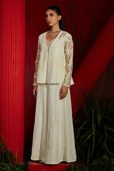 Buy Shreeka Ivory Georgette, Hemp, Bamboo Pearls, Pleated Embroidered Jacket Sharara Set Online at Aza Fashions Buy_Shreeka_Ivory Georgette, Hemp, Bamboo Pearls, Pleated Embroidered Jacket Sharara Set _Online_at_Aza_Fashions