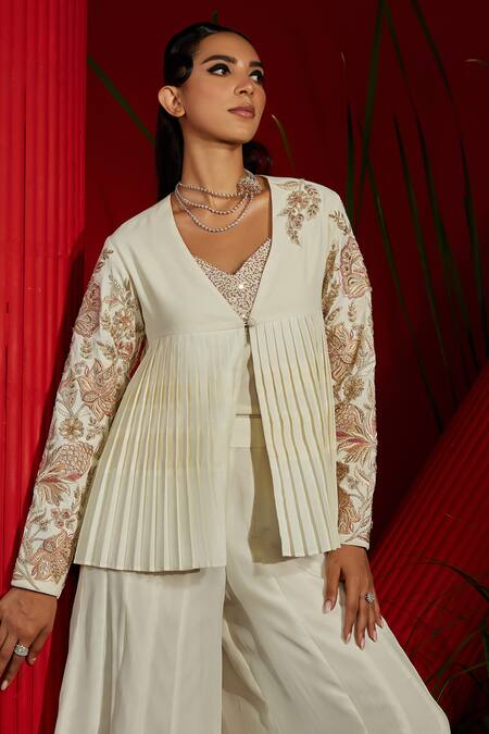 Shop Shreeka Ivory Georgette, Hemp, Bamboo Pearls, Pleated Embroidered Jacket Sharara Set Online at Aza Fashions Shop_Shreeka_Ivory Georgette, Hemp, Bamboo Pearls, Pleated Embroidered Jacket Sharara Set _Online_at_Aza_Fashions