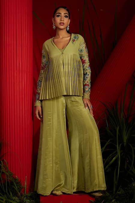 Shreeka Green Georgette, Handloom Cotton, Silk Embroidered Pleated Jacket Sharara Set 