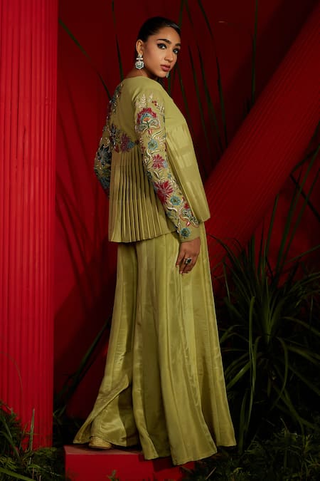 Buy Shreeka Green Georgette, Handloom Cotton, Silk Embroidered Pleated Jacket Sharara Set Online at Aza Fashions Buy_Shreeka_Green Georgette, Handloom Cotton, Silk Embroidered Pleated Jacket Sharara Set _Online_at_Aza_Fashions