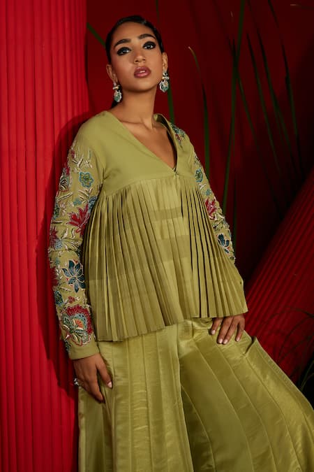 Shop Shreeka Green Georgette, Handloom Cotton, Silk Embroidered Pleated Jacket Sharara Set Online at Aza Fashions Shop_Shreeka_Green Georgette, Handloom Cotton, Silk Embroidered Pleated Jacket Sharara Set _Online_at_Aza_Fashions