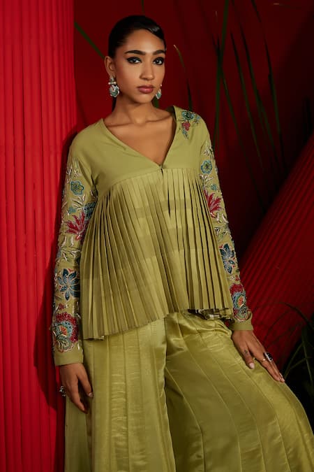 Shreeka Green Georgette, Handloom Cotton, Silk Embroidered Pleated Jacket Sharara Set at Aza Fashions Shreeka_Green Georgette, Handloom Cotton, Silk Embroidered Pleated Jacket Sharara Set _at_Aza_Fashions
