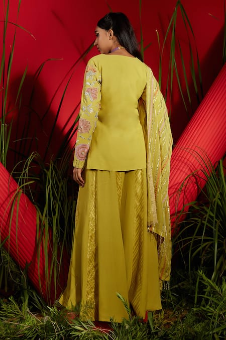 Shop Shreeka Green Viscose, Georgette, Organza Sequins, Pearls, Embroidered Kurta Sharara Set at Aza Fashions Shop_Shreeka_Green Viscose, Georgette, Organza Sequins, Pearls, Embroidered Kurta Sharara Set _at_Aza_Fashions