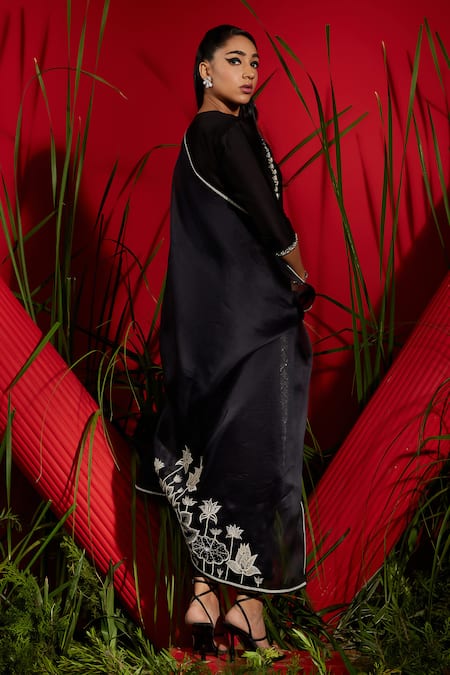 Shop Shreeka Black Silk, Organza, Chanderi Embroidery, Zari, Padma Kurti Palazzo Pant Set at Aza Fashions Shop_Shreeka_Black Silk, Organza, Chanderi Embroidery, Zari, Padma Kurti Palazzo Pant Set _at_Aza_Fashions
