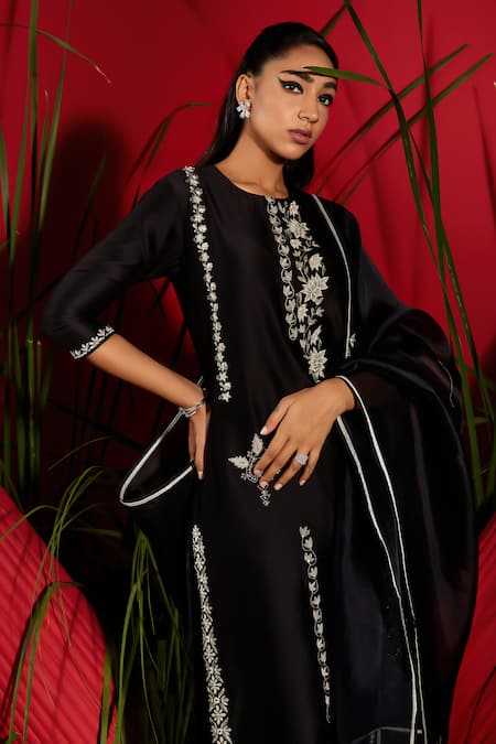 Shop Shreeka Black Silk, Organza, Chanderi Embroidery, Zari, Padma Kurti Palazzo Pant Set Online at Aza Fashions Shop_Shreeka_Black Silk, Organza, Chanderi Embroidery, Zari, Padma Kurti Palazzo Pant Set _Online_at_Aza_Fashions