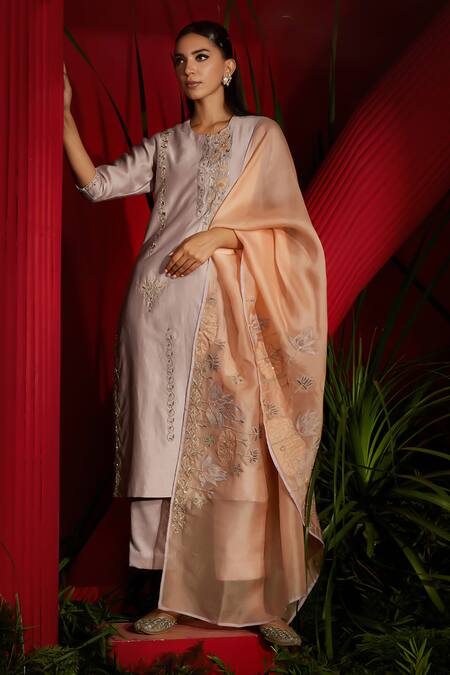 Shreeka Purple Silk, Chanderi, Organza Embroidery, Bloom Garden Kurti Palazzo Pant Set Online at Aza Fashions Shreeka_Purple Silk, Chanderi, Organza Embroidery, Bloom Garden Kurti Palazzo Pant Set _Online_at_Aza_Fashions