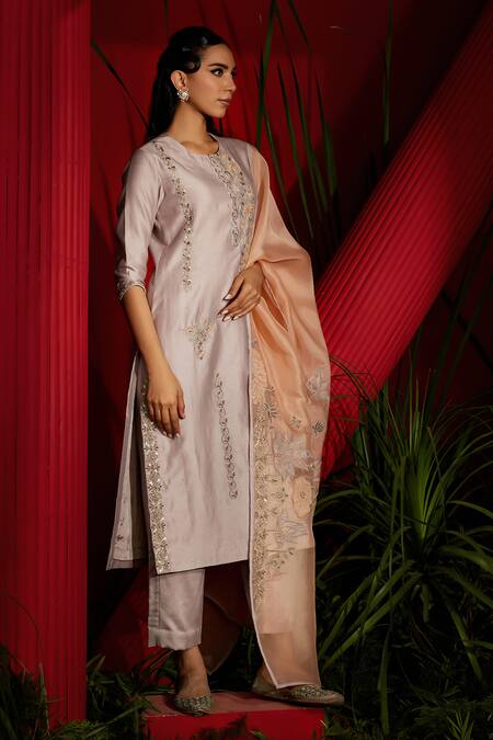 Shop Shreeka Purple Silk, Chanderi, Organza Embroidery, Bloom Garden Kurti Palazzo Pant Set Online at Aza Fashions Shop_Shreeka_Purple Silk, Chanderi, Organza Embroidery, Bloom Garden Kurti Palazzo Pant Set _Online_at_Aza_Fashions